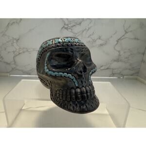 Glass Ceramic Sugar Floral Skull Grey & Teal Halloween Decor No Damage BRAND NEW
